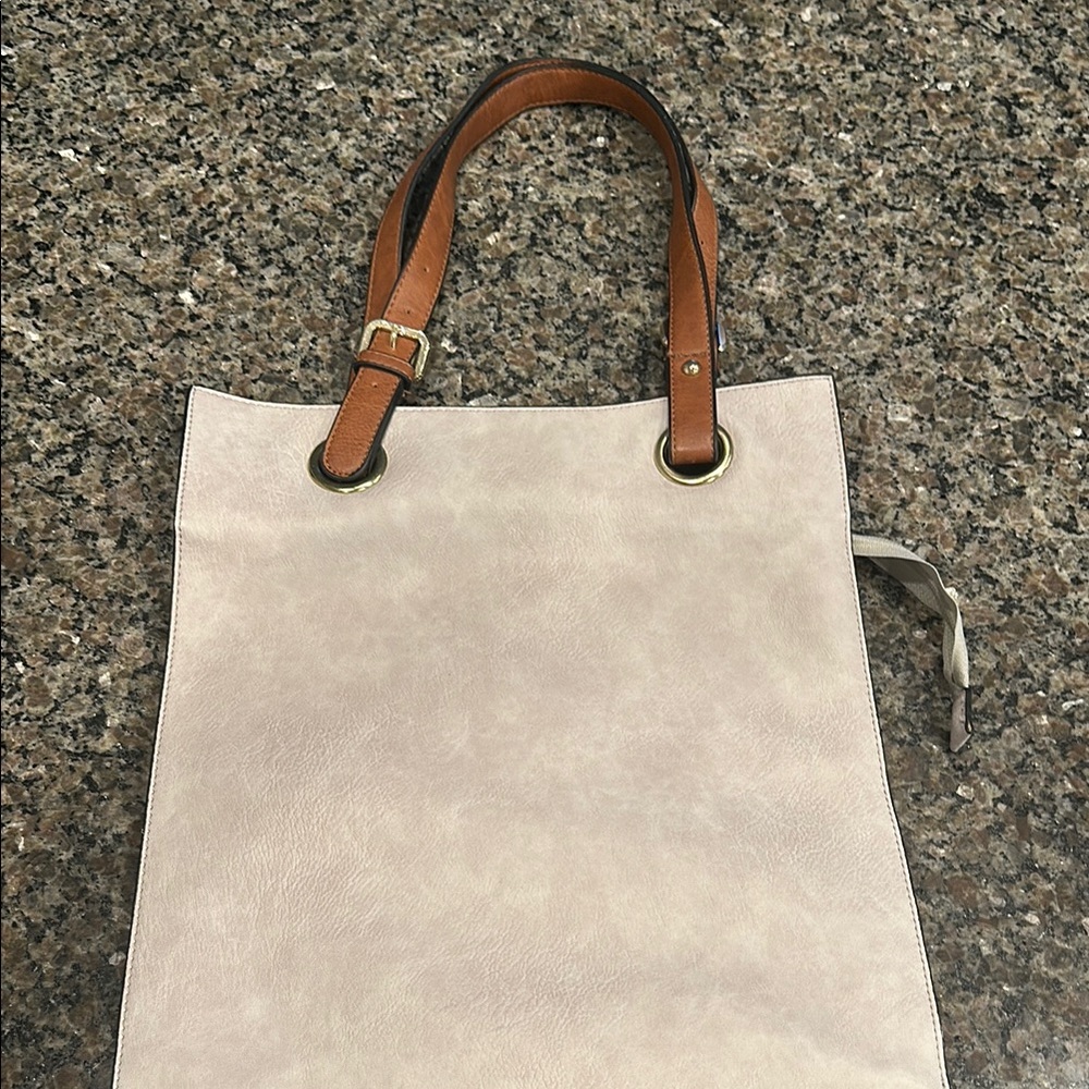 Cream and Tan Canvas Tote Bag with Leather Handles